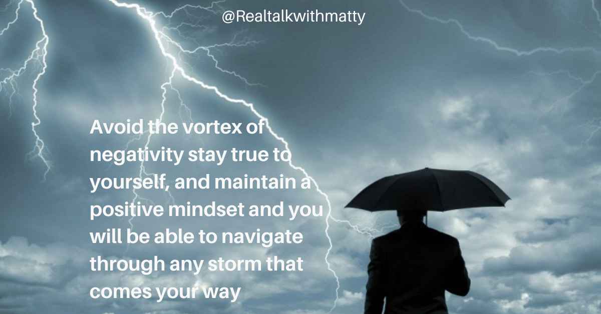 A quote on a black background stating standing strong in a storm, surrounded by swirling vortex of negativity