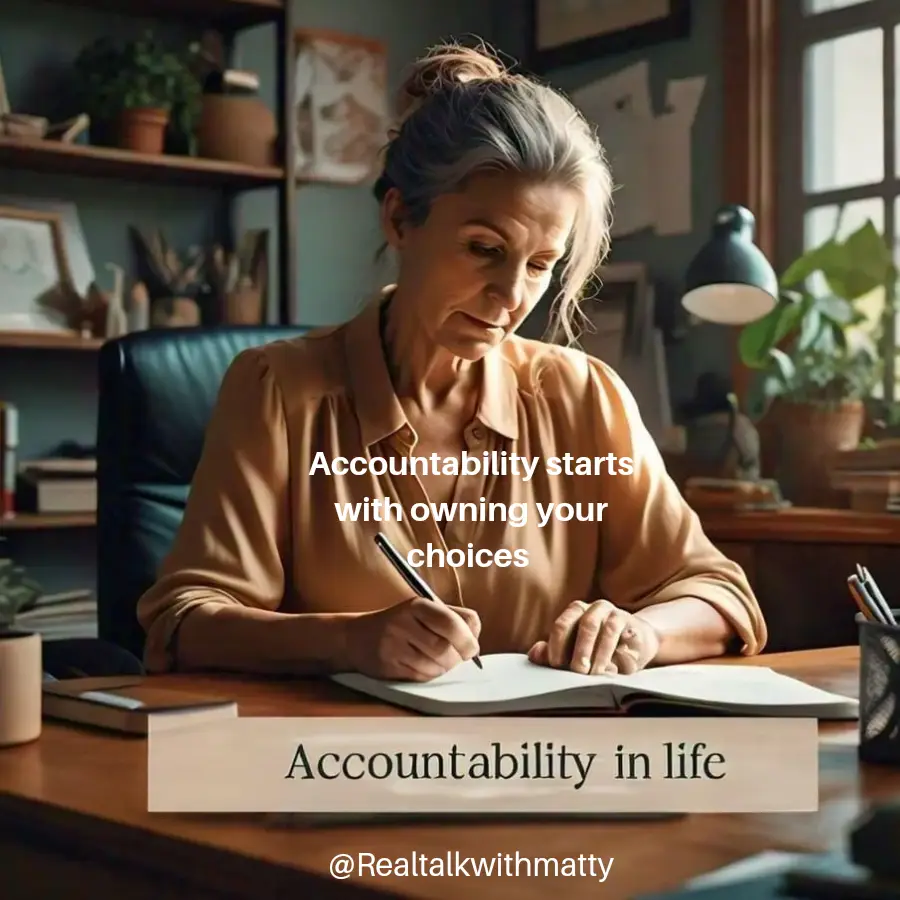 "Image of a person sitting down with the words accountability in life on there desks, with a thoughtful expression on their face." From Real Talk With Matty