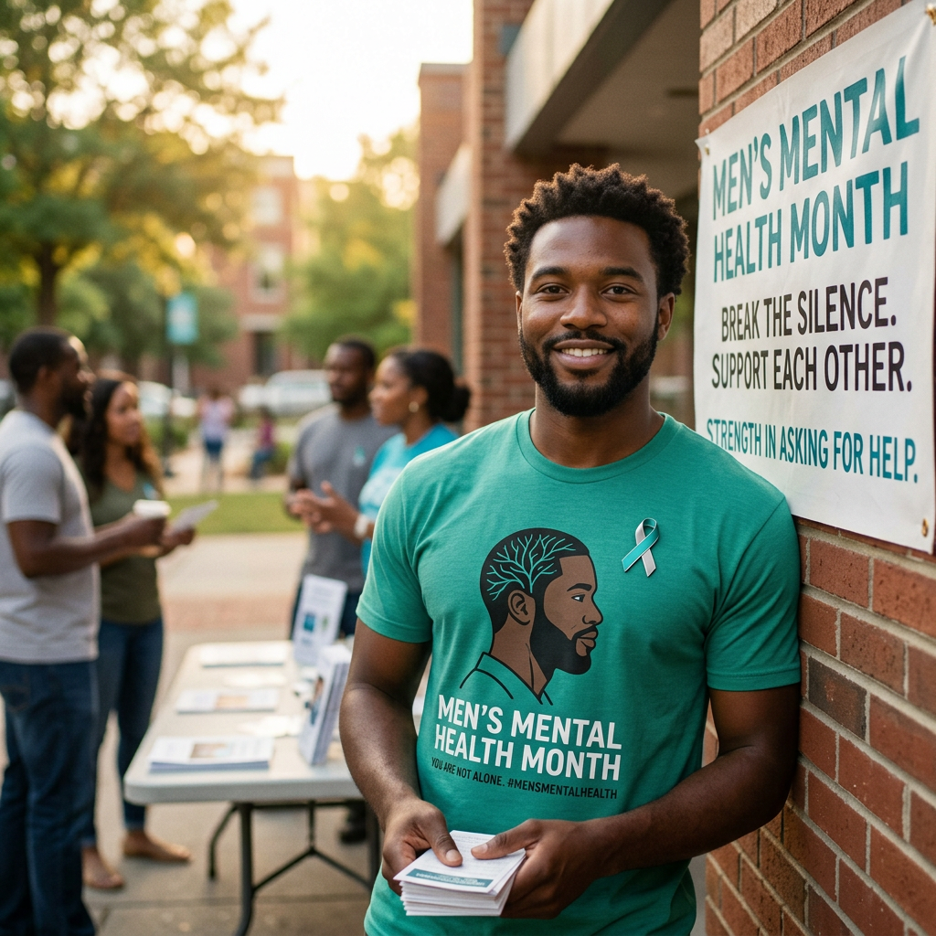 Man wearing a Men's Mental Health Month t-shirt and teal ribbon holding flyers near an awareness poster